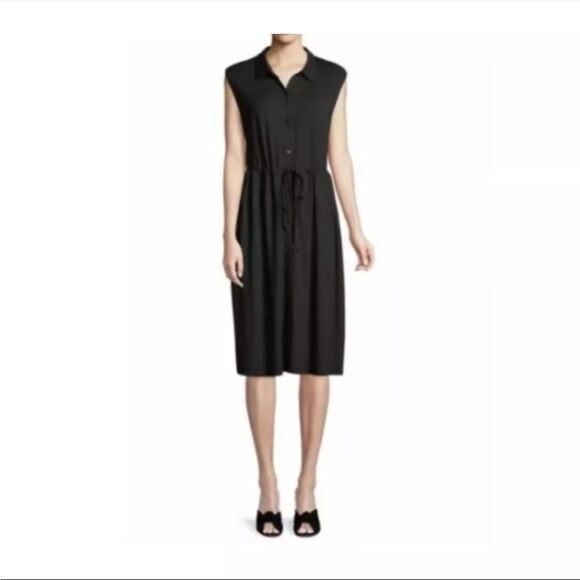 EILEEN FISHER Sleeveless Lightweight Button Front Drawstring Midi Shirt Dress XS - Picture 2 of 9